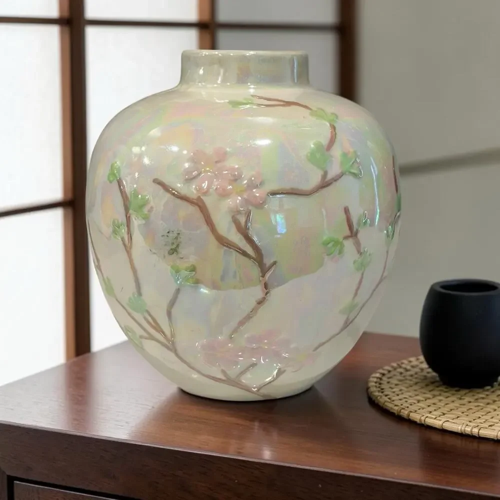 Signed Iridescent Art Pottery Vase Pink Blossom Applied Flowers Pearlescent 8”